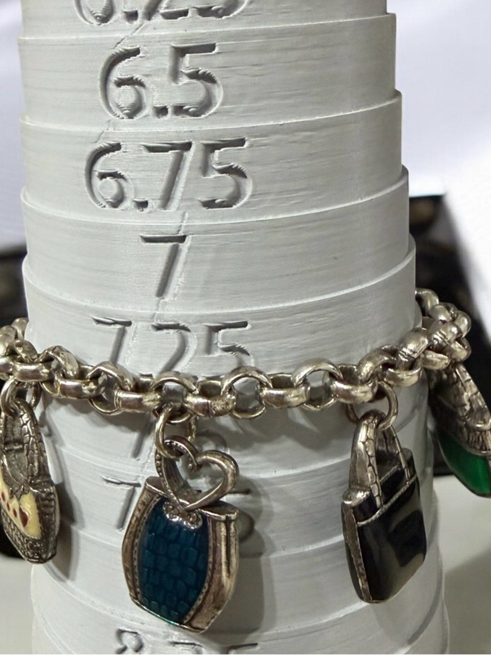 Vintage Signed Brighton Retired Enamel Handbag Purse Charm Bracelet -8” long 56g - Picture 6 of 7